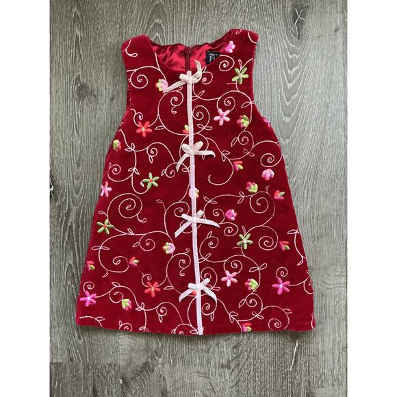 Vintage Children's Place Sleeveless Red Velour Floral Embroidered Dress - Picture 1 of 11